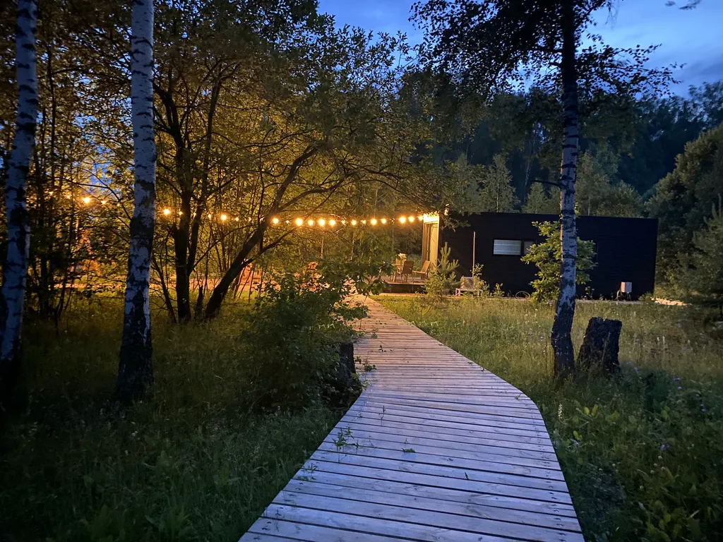 Домик ЕЖЕВИКА. Большой пруд с пляжем в глэмпинге "Усадьба Ягодное".
