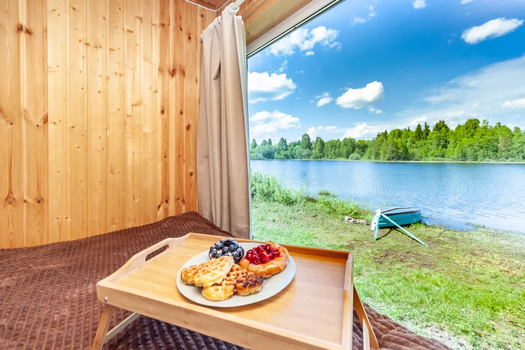 Домик с панорамным окном на берегу озера