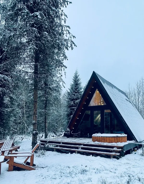 Дом A-frame с купелью, баней и бассейном в сосновом лесу