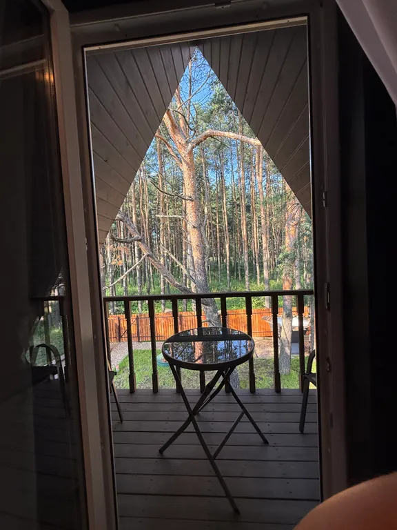 Большой треугольный домик с камином, с ванной у окна с видом на лес