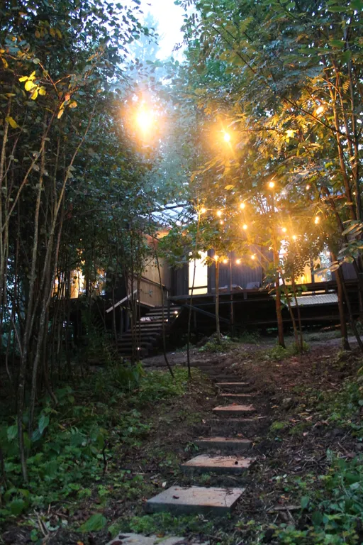 Дом с ванной у панорамных окон и высокой террасой в лесу