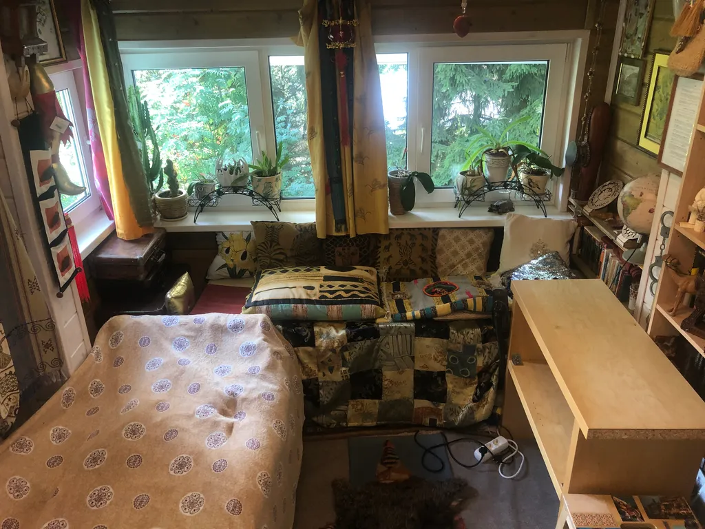 Уютная мини библиотека с односпальной софой и видом на вековые деревья