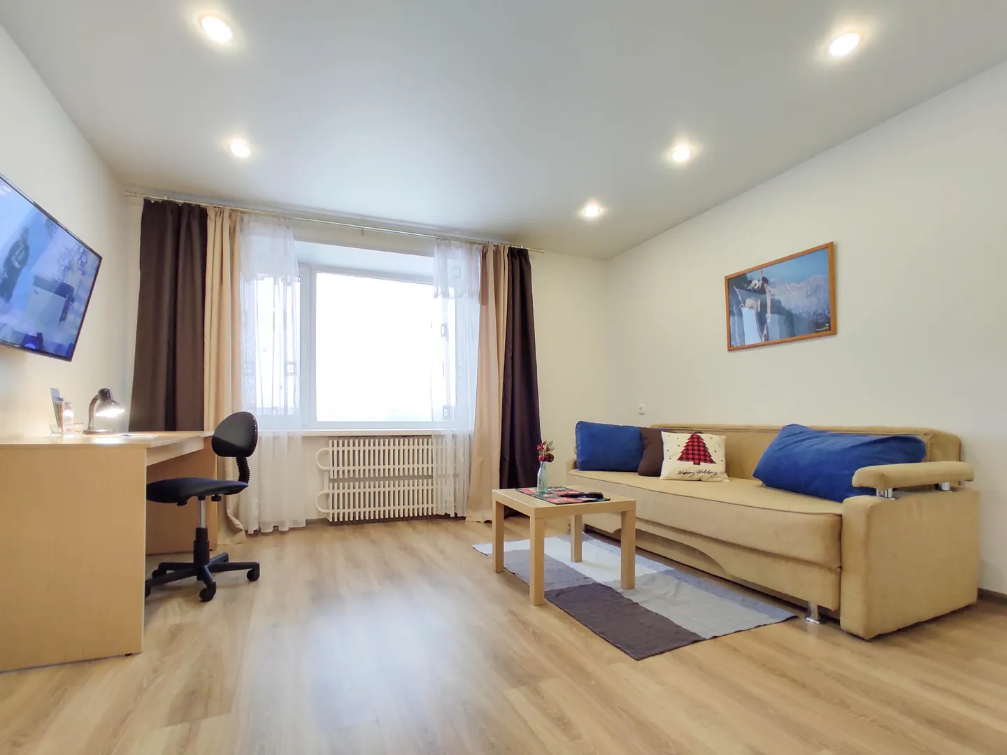 Гостиная комната: письменный стол, диван-кровать, телевизор и окно с панорамным видом