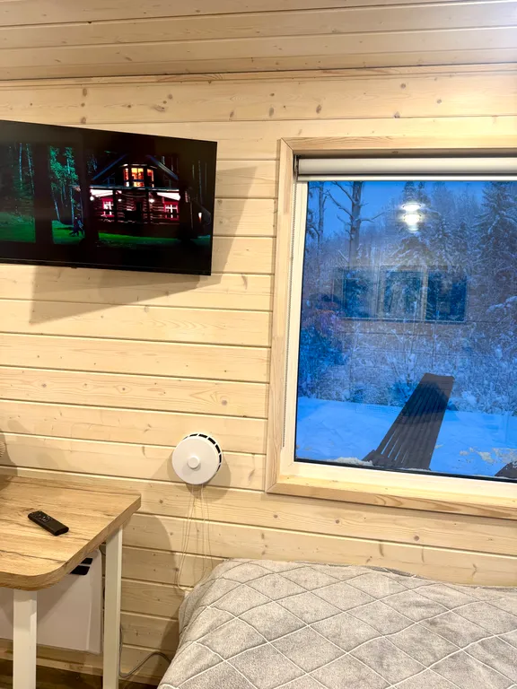 Уютный домик с панорамным окном и видом на лес