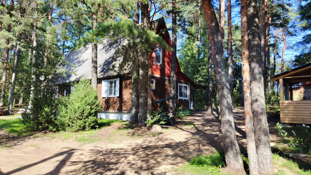 Коттедж Дом у озера с баней, чаном и детской площадкой с батутом. — Ланино