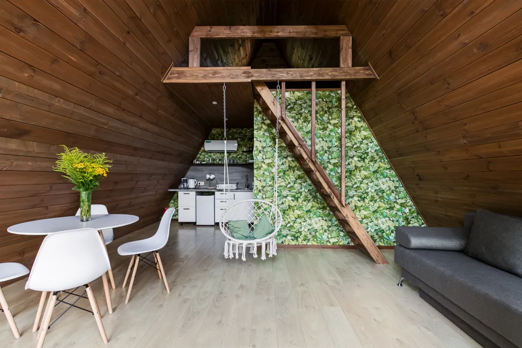 А-фрейм уютный домик у леса  с чаном