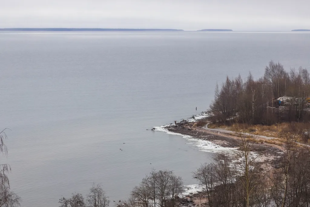 Современная трешка с видом на озеро и каминным залом