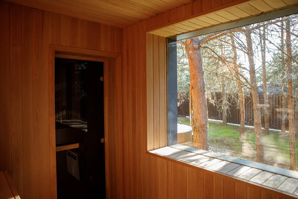 Дом с сауной и горячим чаном на участке с соснами