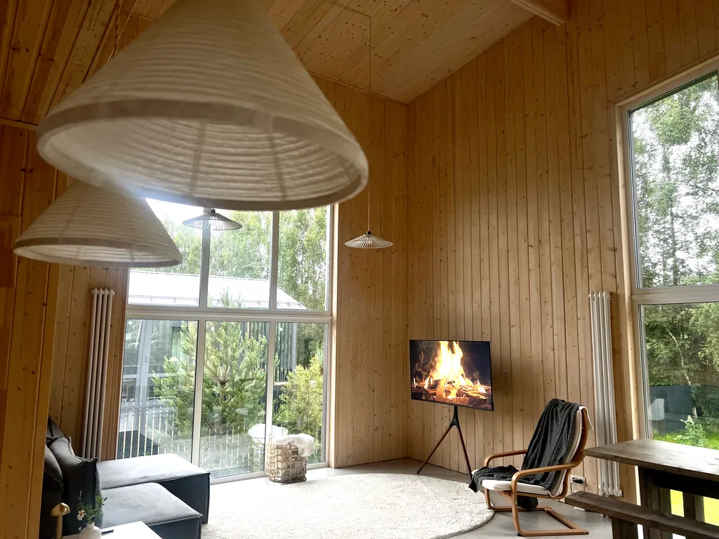 Уютный стильный новый дом с баней в окружении берёзовой рощи