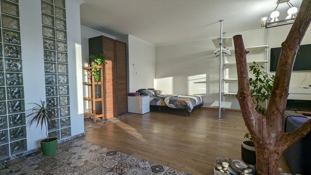 Студия с камином, деревом и видом на реку