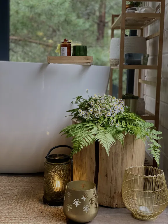 Скандинавский дом с ванной внутри и видом на лес