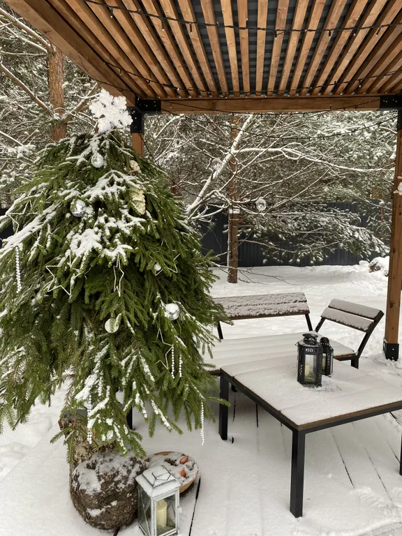 Скандинавский дом с ванной внутри и видом на лес