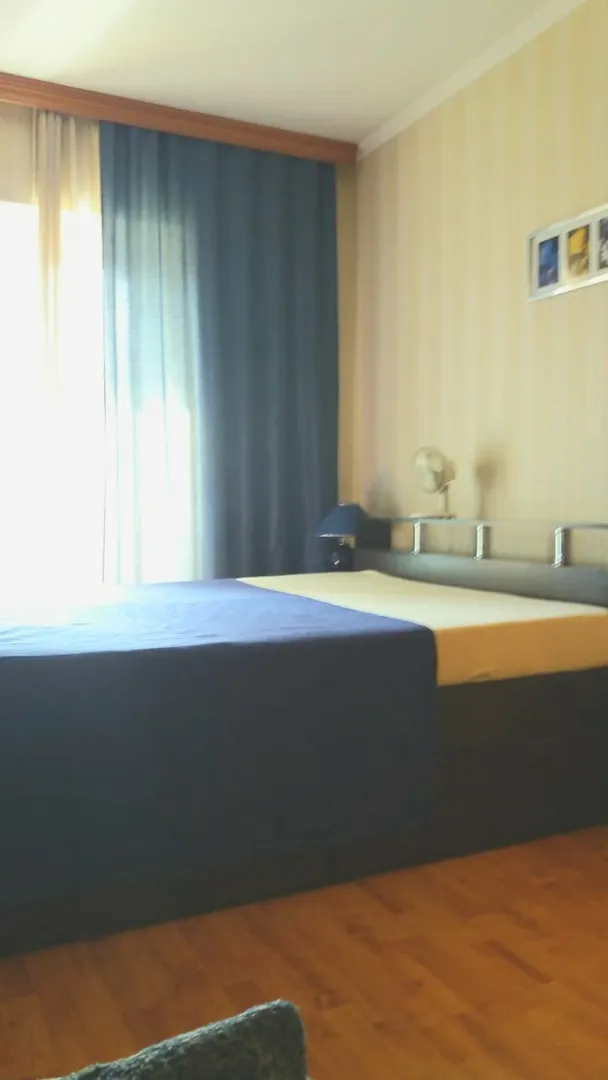 Большая двуспальная кровать, в комнате балкон, шкаф купе и дополнительное спальное место