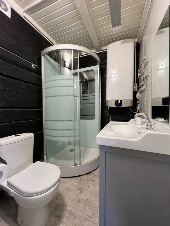 Дом сканди с камином с видом на озеро