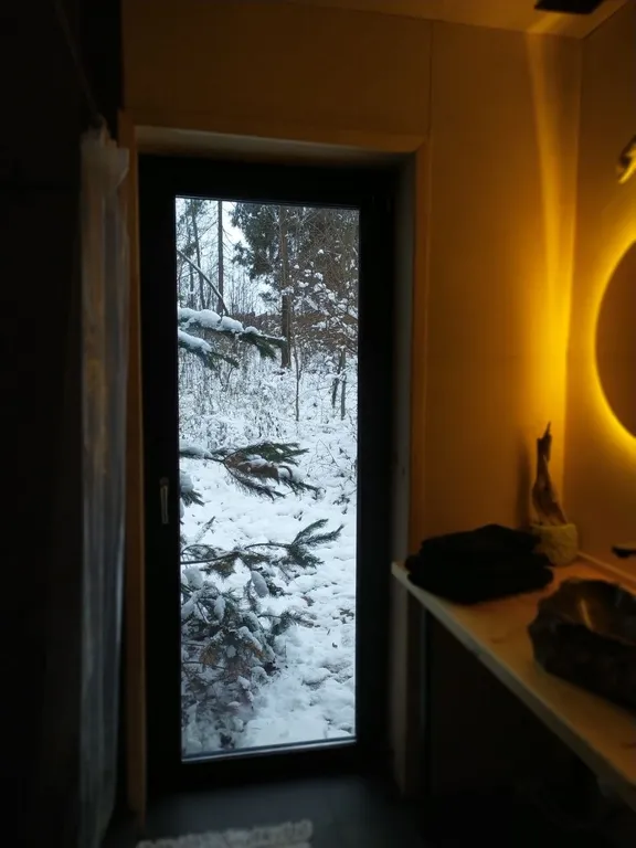 Дом с ванной у панорамных окон и высокой террасой в лесу