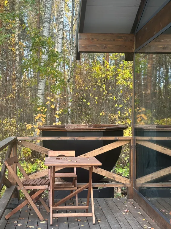 Дом с чаном и панорамными окнами с видом на лес