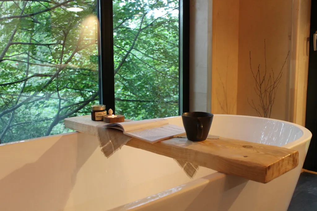 Дом с ванной у панорамных окон и высокой террасой в лесу