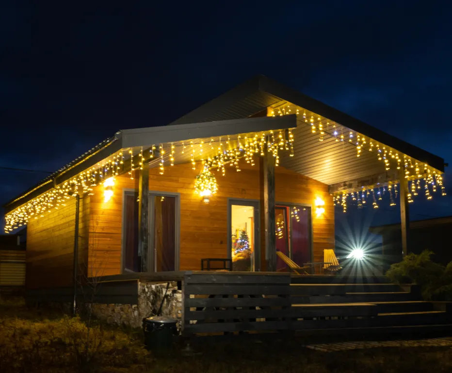 Новый дом с камином на берегу реки