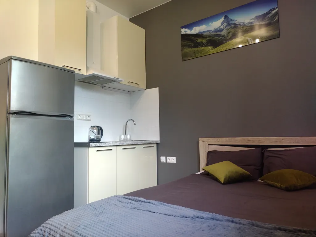 Просторная студия с балконом и видом на горы