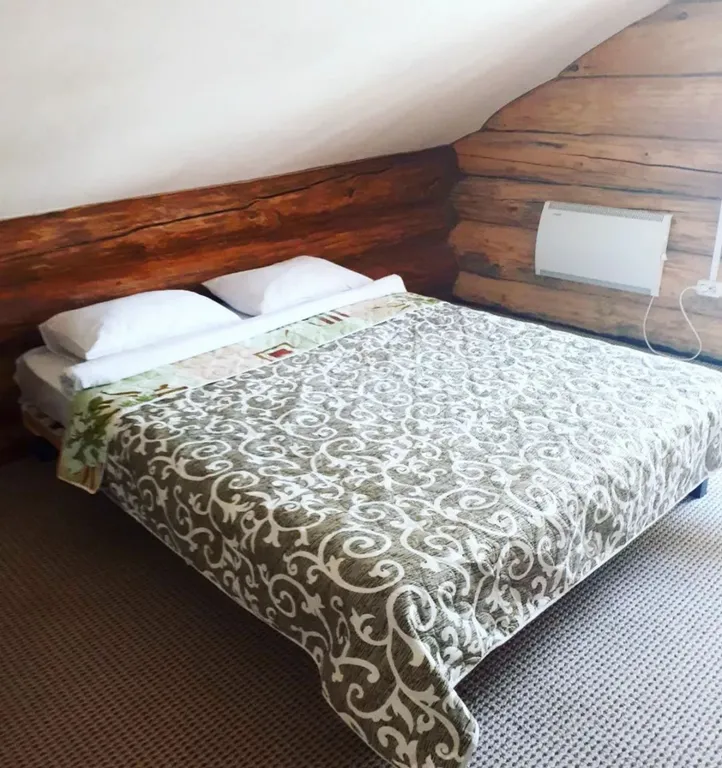 Дом из круглого дерева возле горы