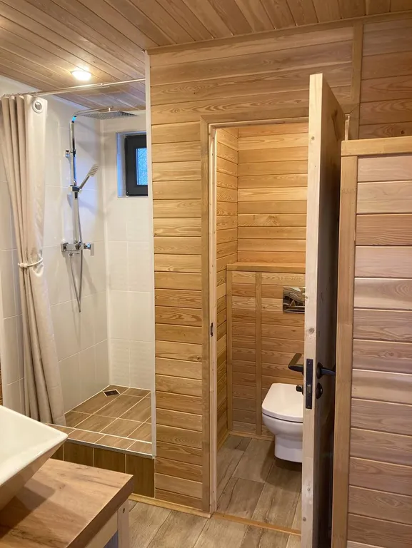 Уютный дом с камином у леса