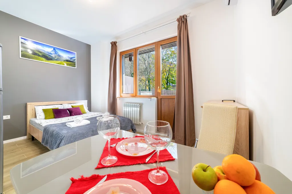 Просторная студия с балконом и видом на горы