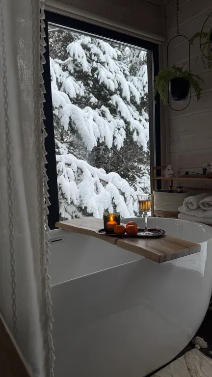 Скандинавский дом с ванной внутри и видом на лес