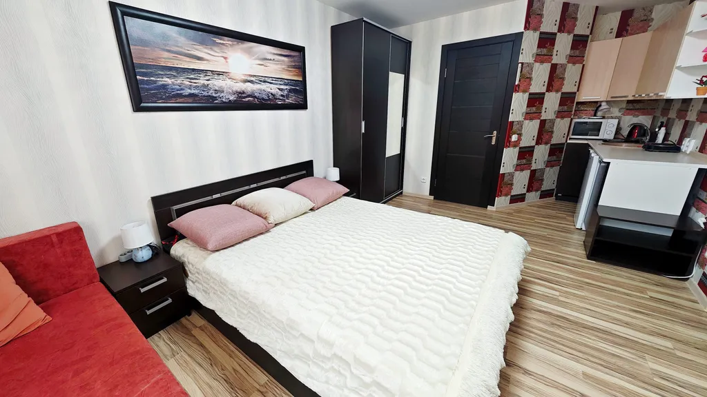 Вишнёвая студия стандарт с кухней и ванной комнатой