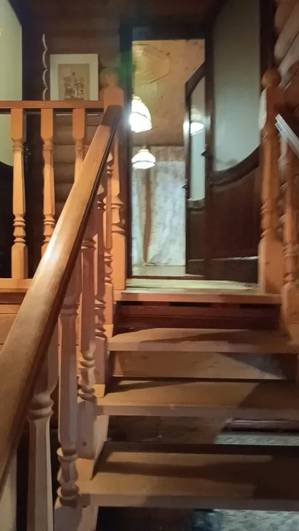 Изба (дом) из экологически чистого бревна под камышовой крышей в лесу