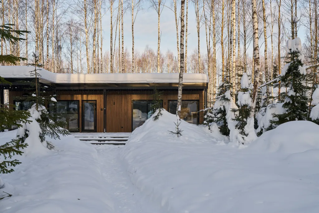 Панорамный дом в окружении леса с сауной