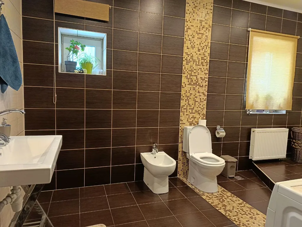 Коттедж с французскими окнами на участке с соснами и берёзами