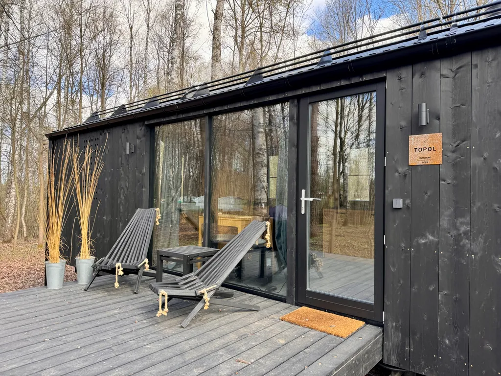 Дубльдом Тopоl cо cтильным интерьерoм и панoрaмным видом на лeс