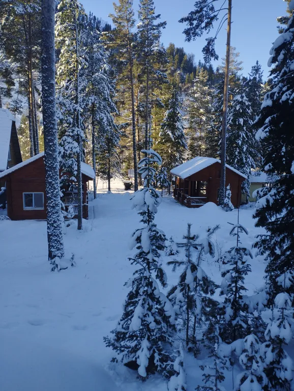 2х этажный коттедж, в зимнем лесу на берегу реки