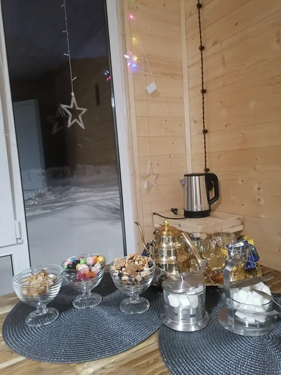 Барнхаус с видом из панорамных окон на красивый пейзаж Домбайских гор