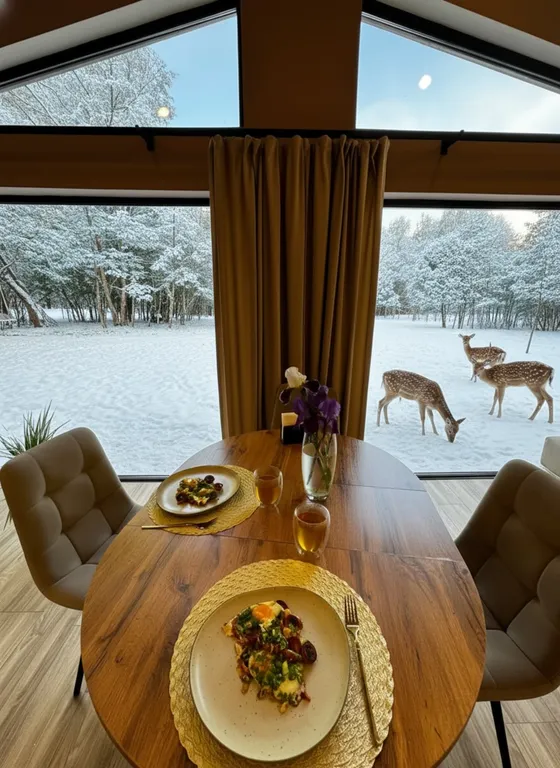 Домик в лесу с пятнистыми оленями и кроликами