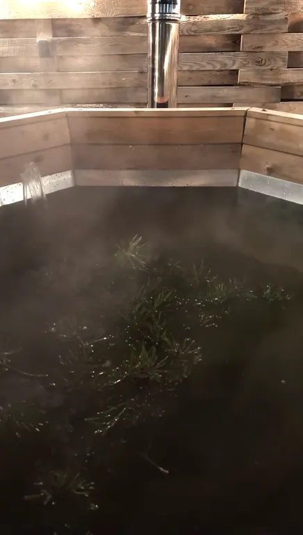 Уютный домик на берегу реки с горячим чаном