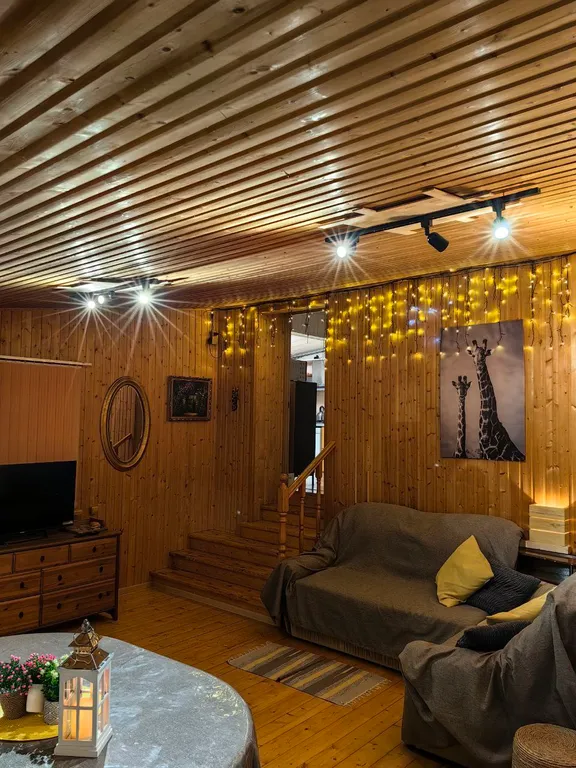 Дом с финской сауной внутри дома с большой беседкой и барбекю