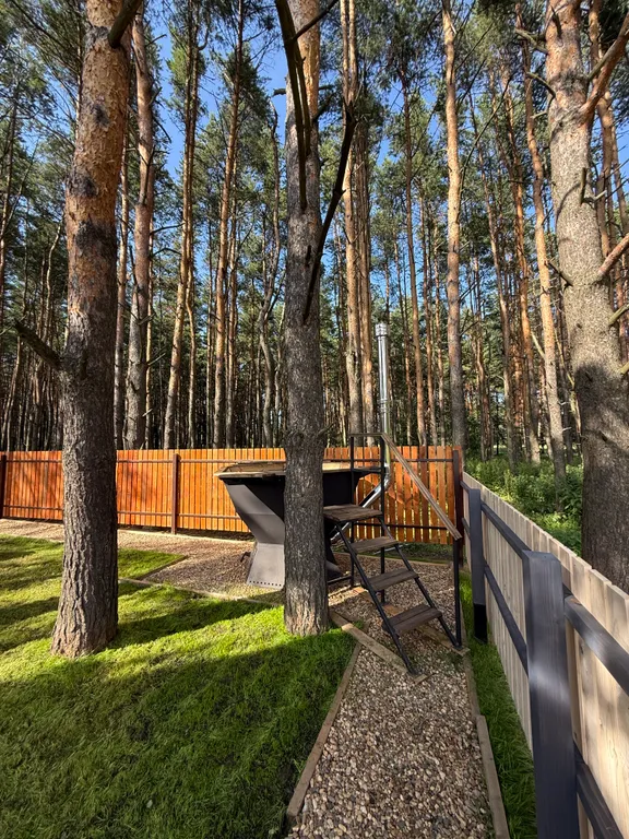 Большой треугольный домик с камином, с ванной у окна с видом на лес