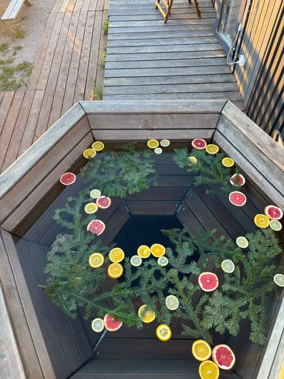 Уютный сканди домик с видом на озеро, баня, чан