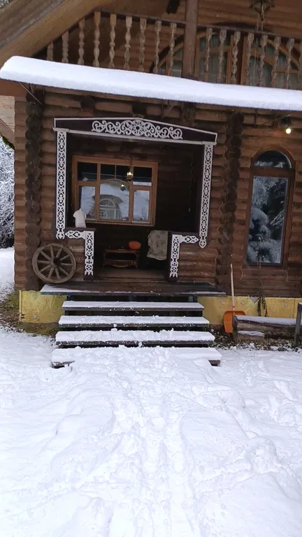 Изба (дом) из экологически чистого бревна под камышовой крышей в лесу