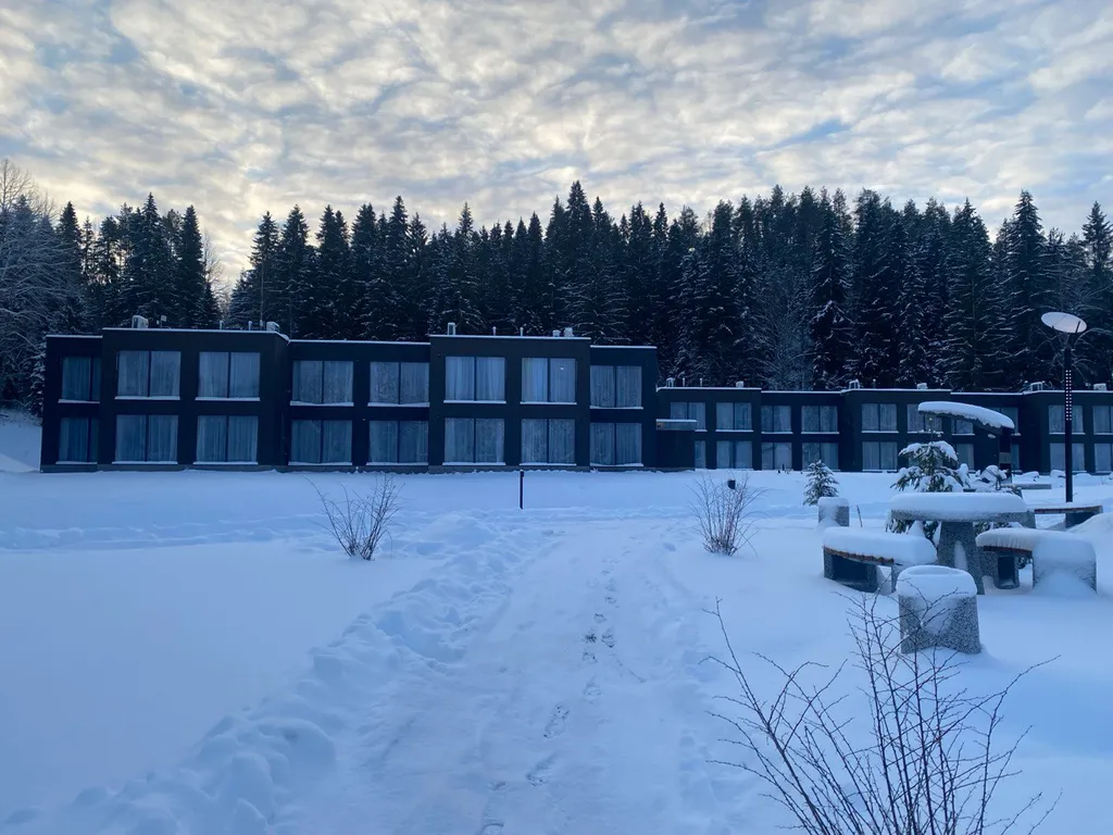 Номер с видом на тихое лесное озеро, лес и гору