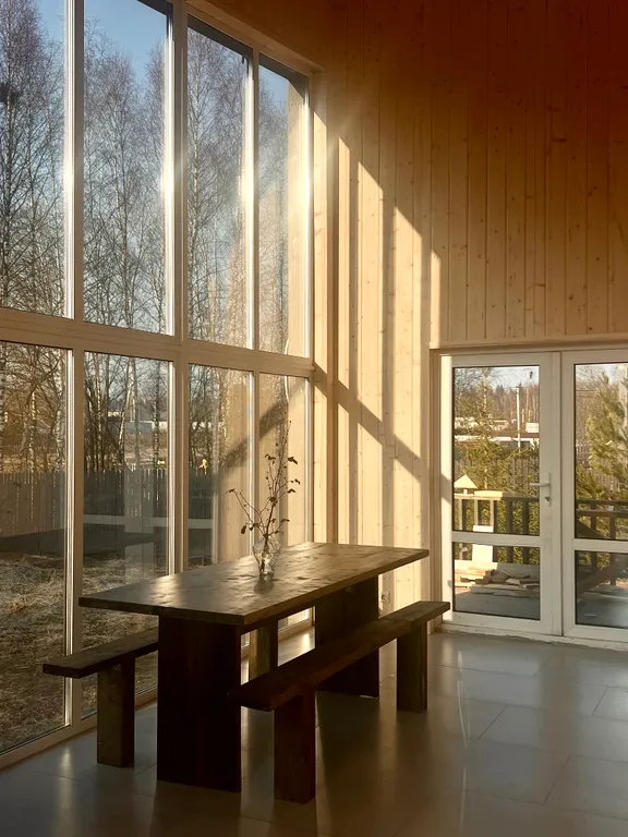 Уютный стильный новый дом с баней в окружении берёзовой рощи