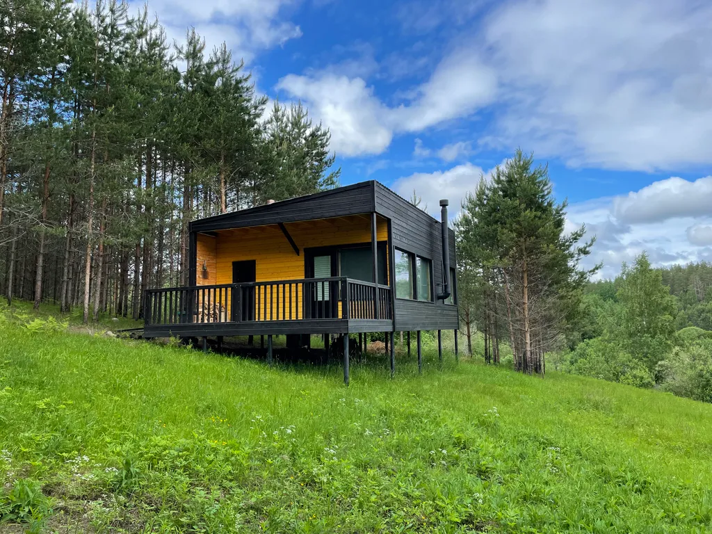 Домик в диком лесу на берегу реки