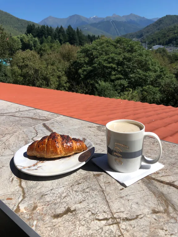 Стильная студия с ванной у панорамного окна и видом на горы