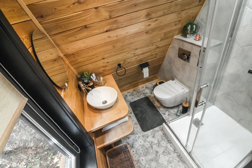 Треугольный домик с видом на лес и горы