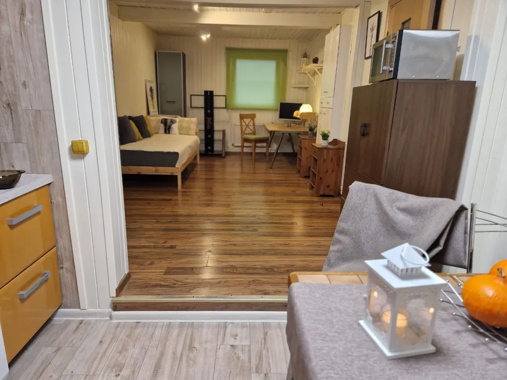 Дом с финской сауной внутри дома с большой беседкой и барбекю