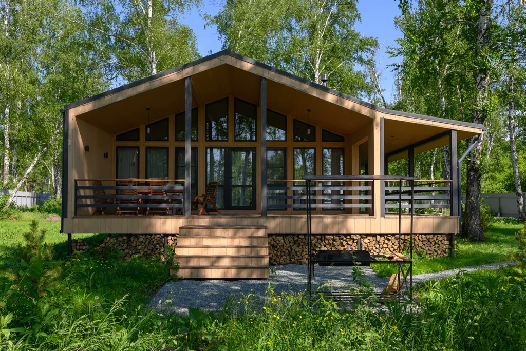 Дом с камином, баней и чаном в лесу у озера