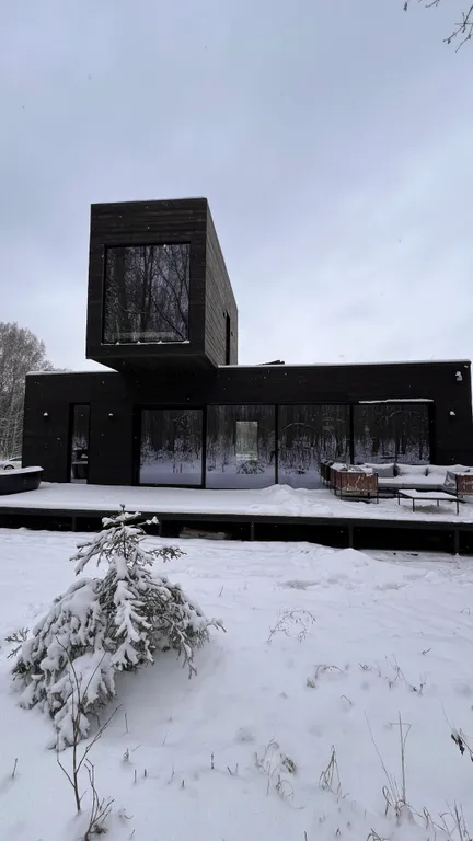 Премиальный дом с дизайнерским камином на дровах в лесу