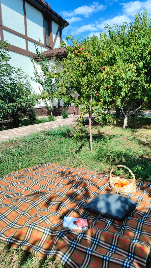 Отдых на травке среди фруктовых деревьев