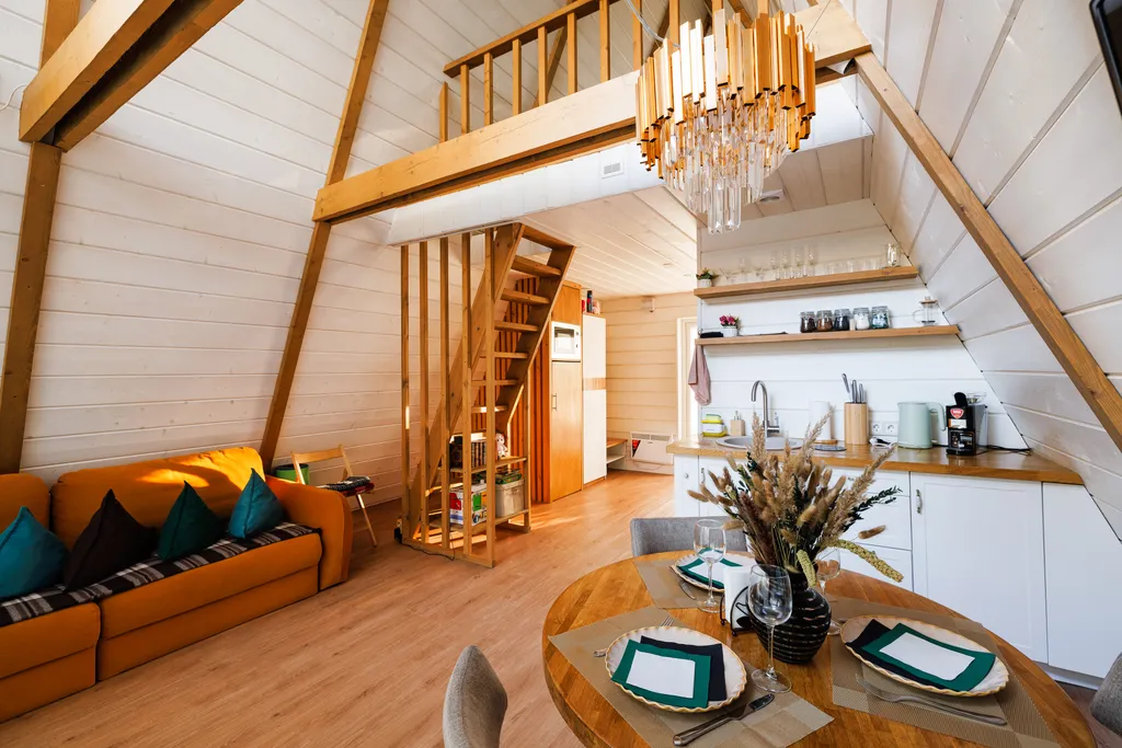 Уютный дом на берегу озера в березовой роще